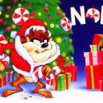 Taz with the tree and presents wishes you Noel Wallpaper